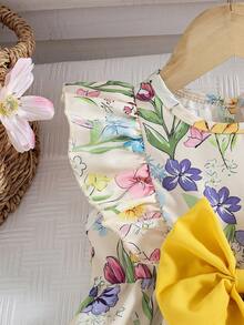 Souflis Souflis 1pc Baby Girls' Summer New Round Neck Dress, Cute Rabbit & Floral Print, Ruffle Trim, Elastic Waist, Big Bow Decor, Simple & Versatile Holiday Dress - Yellow - View 7