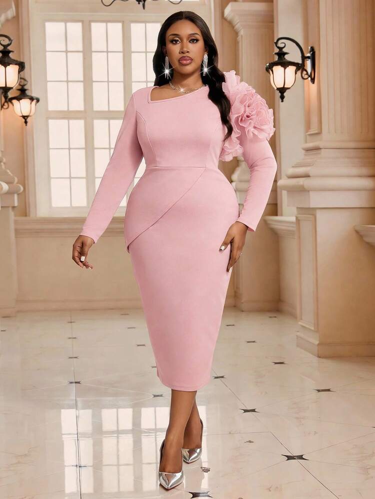pink plus size church dresses Fleurora Plus Size Blush Pink Elegant Formal Dress,Autumn Long Sleeve Midi  Dress For Women,Wedding Ninang Wedding Guest Dress,Sophisticated Church  Dresses