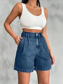 EURMUSE Pantalones de cintura alta de algodón 100% con detalles de bolígrafos, lavado vintage - Azul lavado oscuro - Ver 5