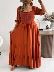 Ceyna Casual Boho Plus Size Long Maxi Dress Burnt Orange Raglan Half Sleeve Layered Tiered Woven Fabric For Women Holiday Picnic Summer - Burnt Orange - View 3