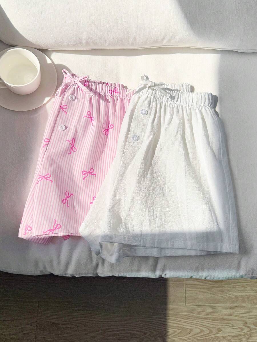 SHEIN 2件套少女亚麻纯色条纹蝴蝶结印花短裤,夏季服装,度假装,夏季短裤,沙滩度假装 - 粉色 - 查看 1