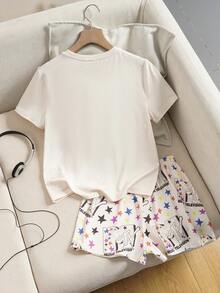 MTV | SHEIN 少女舒适字母图案短袖T恤短裤睡衣套装，夏季 - 杏色 - 查看 2