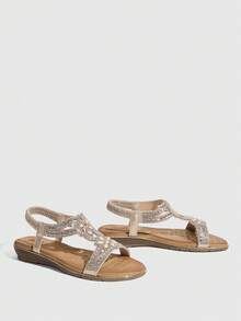 CUCCOO TILAWA Sandalias planas para mujer, zapatos de estilo bohemio, suela de PU minimalista con rhinestones y calados, cómodos, versátiles, ligeros y duraderos - Oro rosa - Ver 3