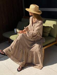 DAZY Bộ đồ 2 mảnh dành cho nữ, kiểu dáng thường ngày, màu trơn, phối ren, gồm áo và chân váy. - Hồng - Xem 4