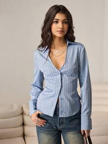Aidyla Blue Striped V-Neck Cinched Waist Sexy Blouse For Women - Blue - View 3