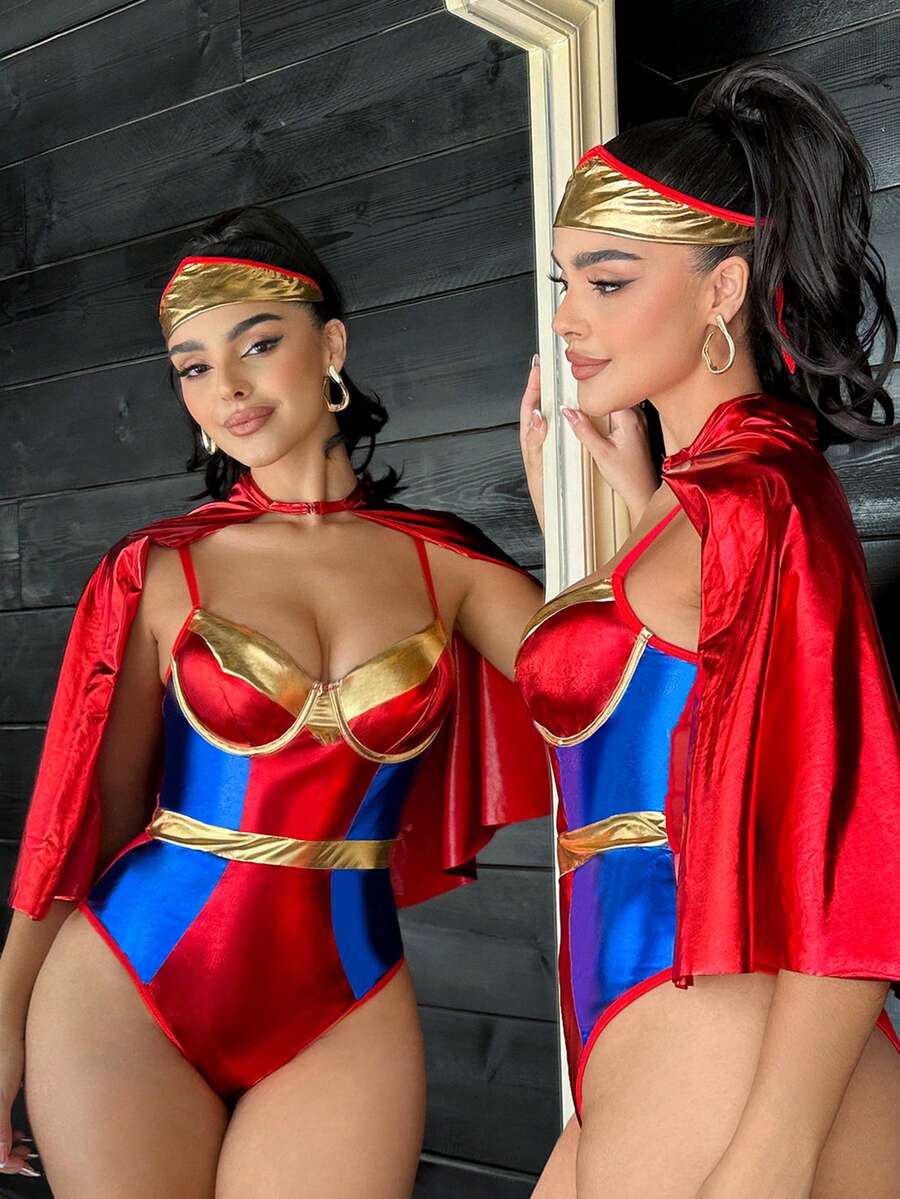 3 piezas Traje de superhéroe con revestimiento metálico reflectante con aros, conjunto de lencería de club ajustante con parches para fiesta - Multicolor - Ver 1