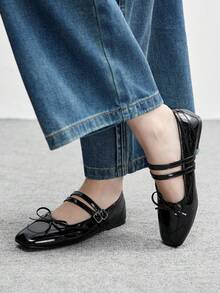 CUCCOO BIZCHIC Women's Embroidered Button Decor Square Toe Flat Loafers Valentine's Day - Black - View 2