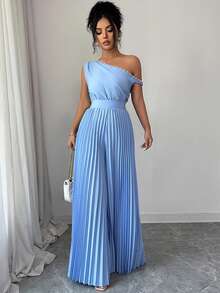 Modelyn Blue Pearl Shoulder Ruched Jumpsuit For Women - Baby Blue - View 5