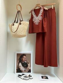 SHEIN Frenchy 2pcs Women's Summer Boho Vacation Holiday Rust Brown Linen Set,Embroidered V-Neck Tank Top And Wide Leg Pants,Casual Comfy Modest Two Piece Outfits - Brown - View 3