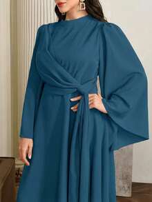 Modelyn Plus Size Women Elegant Long Dress With Collar And Flowy Scarf, Deep Red - Blue - View 3