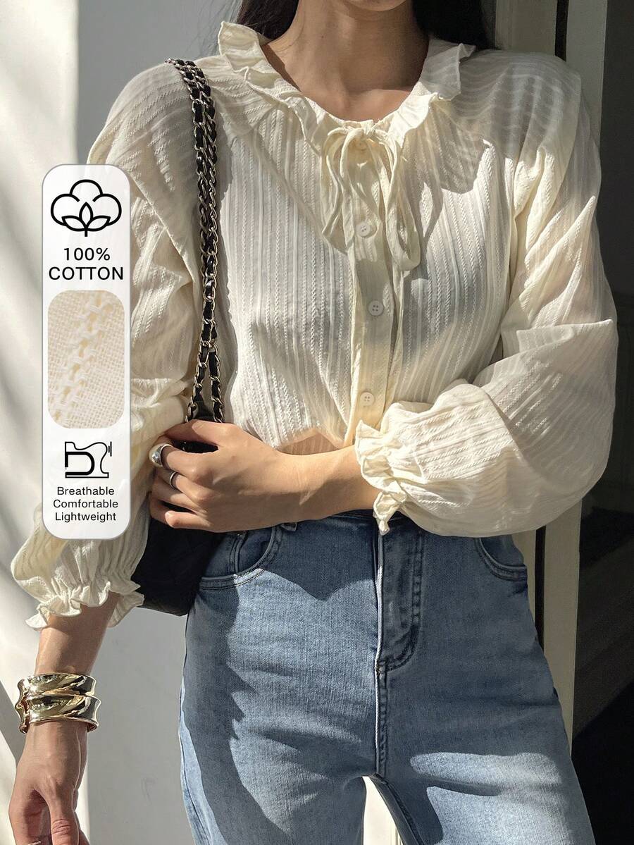 DAZY 女士休闲系带荷叶边领长袖衬衫 - 杏色 - 查看 1