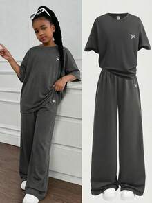 2pcs Tween Girls Bow Print Loose T-Shirt And Pants Set, Casual Daily Fashion Versatile - Grey - View 1