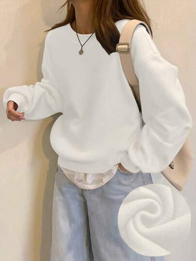 INAWLY Casual Solid Color Fleece Crew Neck Pullover Sweatshirt, Autumn/Winter