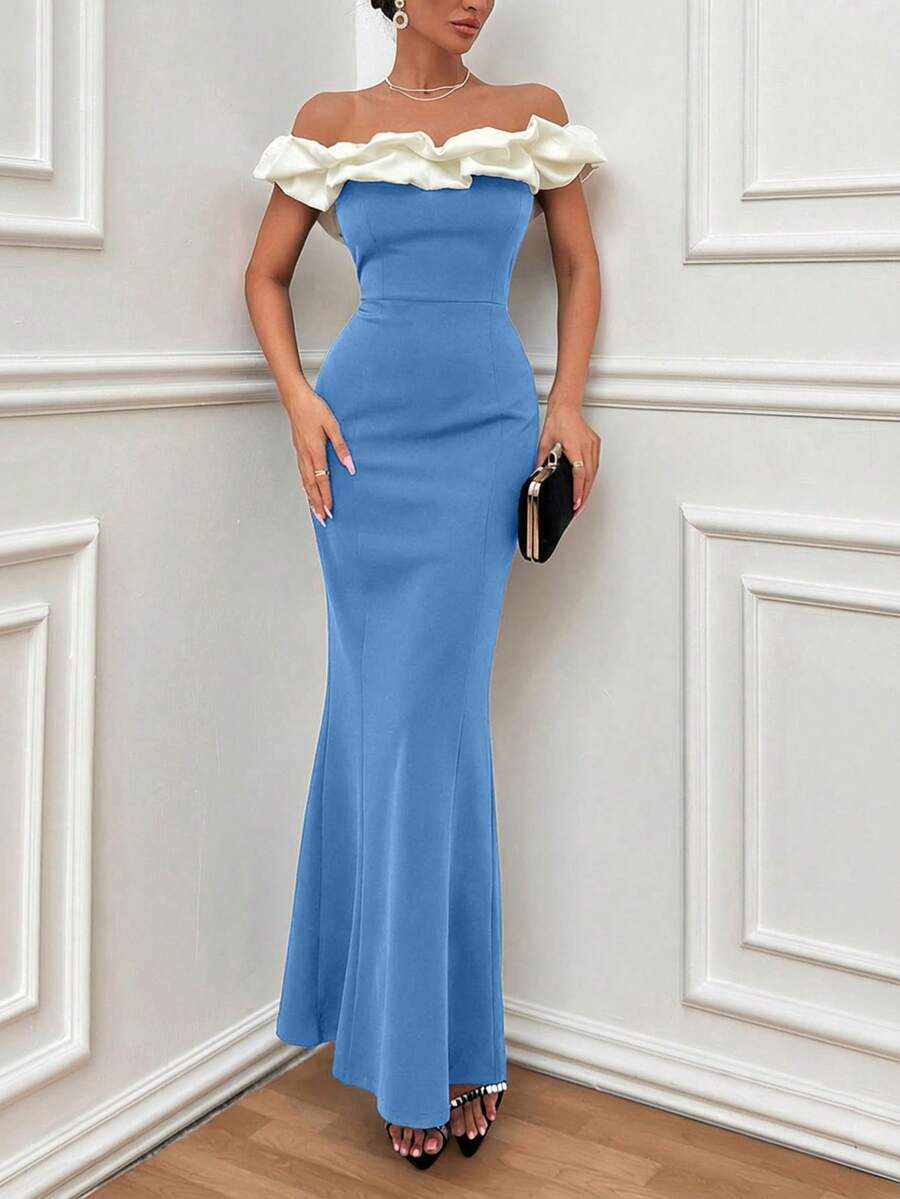 EURMUSE Vestido ajustado con hombros descubiertos y volantes de dos tonos, vestido elegante - Azul - Ver 1