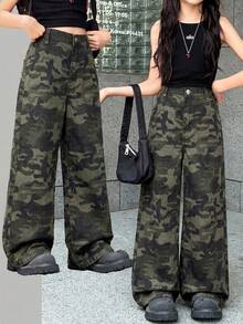 SHEIN 少女复古90年代豹纹宽松口袋高腰休闲牛仔裤，百搭阔腿牛仔裤，Y2K风格，适合教师、返校、教堂等场合，商务休闲女孩，工装牛仔裤连衣裙，秋冬宽松裤，高腰长款阔腿牛仔裤，通体豹纹印花，棕色豹纹阔腿牛仔裤，街头风 - 彩色 - 查看 4