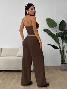 SHEIN EZwear Women's Solid Color Cropped Halter Neck Tank Top And Wide Leg Pants Casual Suit Tall Two Piece Set Brown Ribbed Comfortable - Brown - View 2