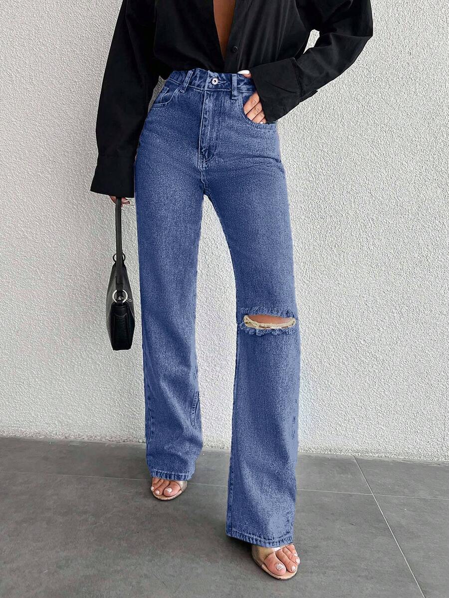 EURMUSE Women's High Waist Pockets Distressed Straight Loose Casual Versatile Jeans - Dusty Blue - View 1