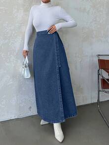 Women's Casual A-Line Denim Skirt For Everyday Wear, Autumn - Dusty Blue - View 4