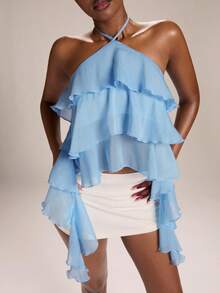 SHEIN BAE 女士蓝色露背系带荷叶边不对称下摆上衣，浅蓝色上衣 - 藍色 - 查看 4