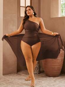 Swim Oasis Plus Size Women 2pcs Set One Shoulder Coffee Mesh Patchwork Ruched One Piece Swimsuit With Coffee Mesh Long Pants, Summer Beach Holiday - Coffee Brown - View 6