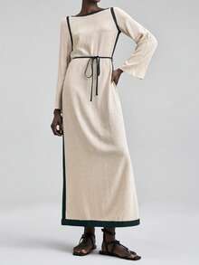 Ontre Women's Loose Fit Linen Blend Dress,Black And Beige,Autumn,Elegant,Tea Party,V-Neck,Waist Belt,Contrast Trim,Old Money Style Urban Office Commuting - Multicolor - View 5