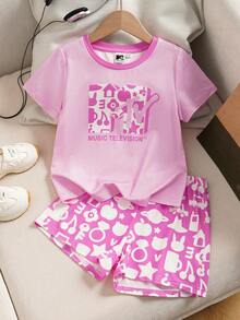 MTV | SHEIN Young Girl Summer Casual Cartoon Letter Print Short Sleeve T-Shirt And Shorts Pajama Set - Pink - View 1