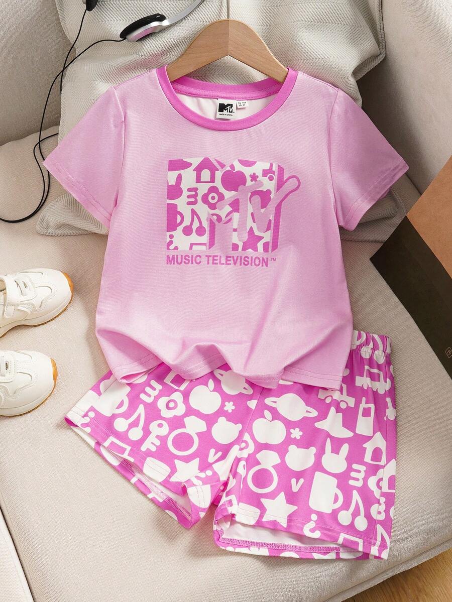 MTV | SHEIN Young Girl Summer Casual Cartoon Letter Print Short Sleeve T-Shirt And Shorts Pajama Set - Pink - View 1