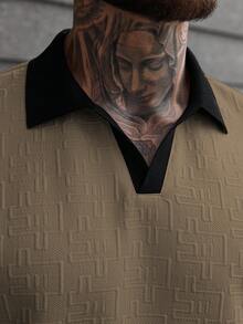 Manfinity CasualCool 男士撞色领短袖通勤休闲Polo衫 男士V领针织衫 男士纹理Polo衫 - 卡其色 - 查看 7