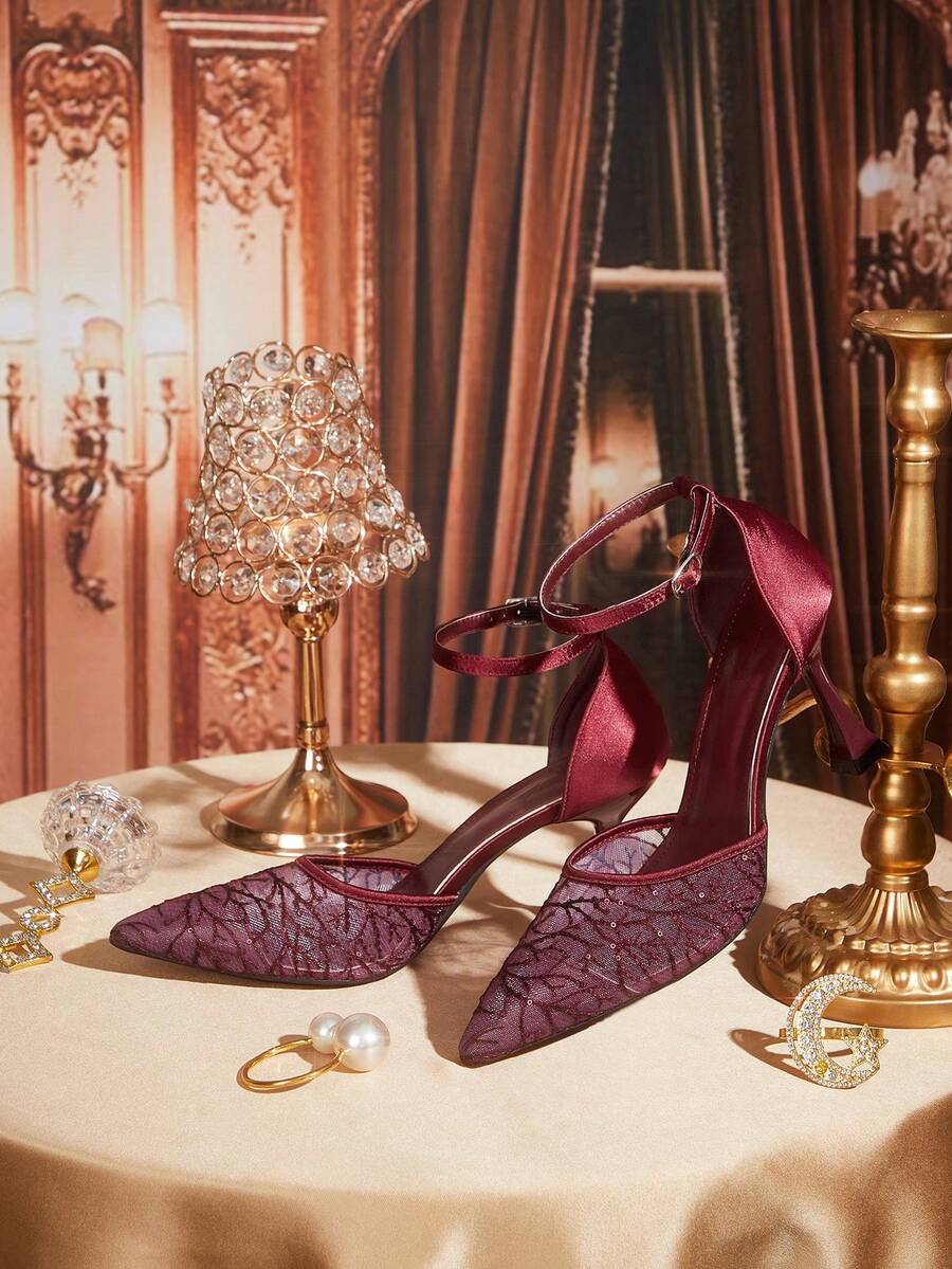 CUCCOO TILAWA Burgundy Wedding Shoes Women's Shoes Fashion Mesh Pointed Ankle Buckle Strap Stiletto Sandals Women's Temperament Elegant And Comfortable Versatile High Heels - Burgundy - View 1