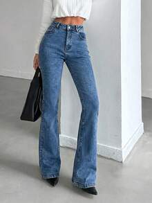 ZIRRA Women's Solid Color Slant Pocket Flare Leg Casual Versatile Jeans - Medium Wash - View 5