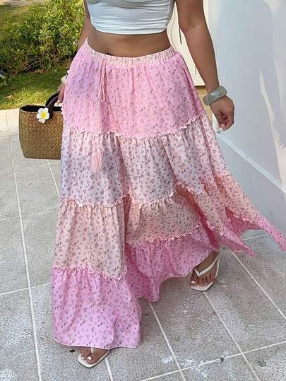 Sunnyshic Plus Size Women Casual Vacation Romantic Contrast Ditsy Floral Short Sleeve Summer Skirt Summer Maxi Skirt Pink Ruffle Skirt Layered Skirt Pink Maxi Skirt Bohemian Skirt