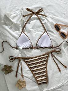 Swim Mod Women's Short Halter Neck Bikini With Tie Side Bottoms Striped Fabric Swimwear Lace Up Details - Multicolor - View 4