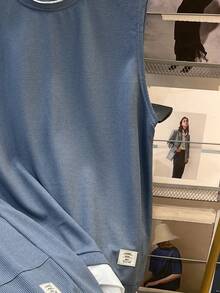 Manfinity Joysei 男士休闲字母拼布圆领背心和短裤套装，夏季蓝色两件套男士舒适服装 - 霧霾藍 - 查看 7