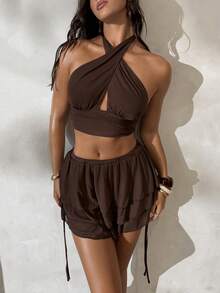 Aloruh Women's Spring/Summer New Elegant Sexy Romantic Simple Fashionable Minimalist Sexy Y2K Music Festival Halter Backless Crop Top And Low Waist Layered Mini Skirt 2-Piece Set - Coffee Brown - View 4