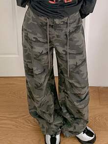 DAZY 女士抽绳腰带口袋迷彩休闲百搭阔腿裤 - 軍綠色 - 查看 3