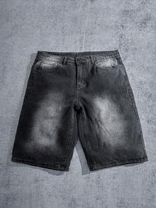 Manfinity ZONE917 男士休闲水洗阔腿牛仔短裤 - 深灰色 - 查看 1