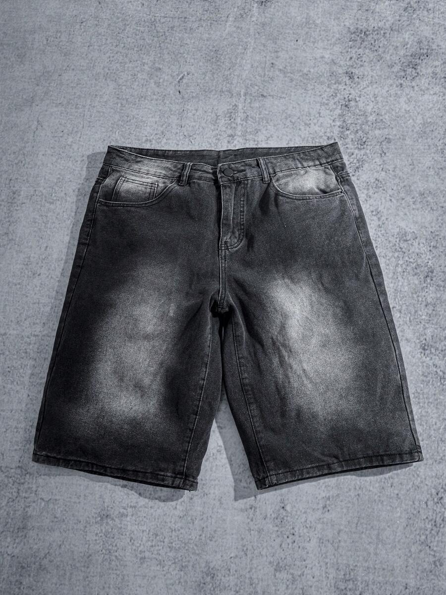 Manfinity ZONE917 男士休闲水洗阔腿牛仔短裤 - 深灰色 - 查看 1