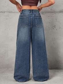 SHEIN Tall 高腰做旧水洗阔腿牛仔裤 - 深色水洗藍 - 查看 2