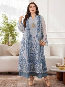 Al Najma 大码女士优雅浪漫宽松花卉刺绣网纱流苏装饰阿拉伯风格连衣裙 - 彩色 - 查看 6