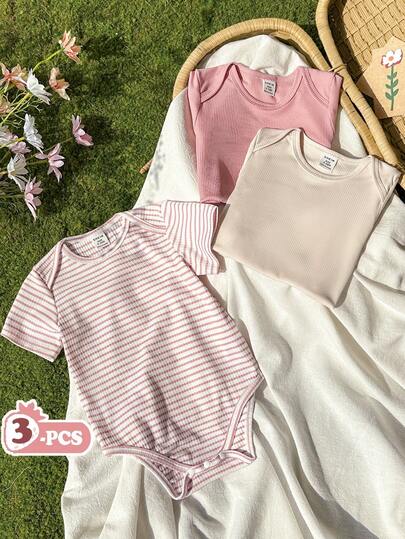 SHEIN Vintaside Kids 女婴夏季短袖休闲简约连体衣，适合户外休闲、购物、露营和度假穿着