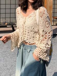 FRIFUL Women's Summer Vacation Crochet Tie-Front Cardigan - Beige - View 6