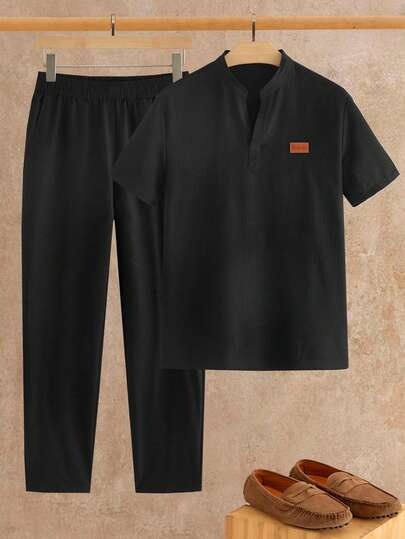 HIMLAND 男士休闲印花T恤和裤子套装