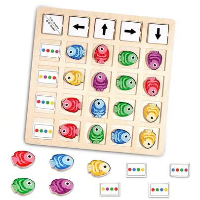 MINKOJA - SELECTS 木制小鱼方向寻找游戏，空间逻辑训练，木制拼图玩具，含30张问题卡片，颜色识别和方向逻辑训练木制玩具，节日、生日礼物