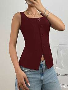 SHEIN EZwear 秋冬季黑色修身女士西装外套 - 酒紅色 - 查看 5
