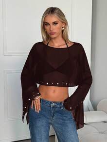 SHEIN EZwear Women's Solid Color Cropped Fashionable Versatile Chiffon Blouse, Spring/Summer 2026 New Arrival Brown Top See Through Tops Coffee Brown Top Dark Brown Top Chocolate Brown Top See Through Long Sleeve Top Sexy Blouses Bell Sleeve Tops Brown Crop Top Dark Brown Tops,Summer Top Trending Outfit - Chocolate Brown - View 3