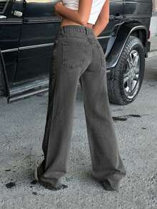 SHEIN 低腰斜插口袋休闲阔腿牛仔裤 - 淺灰色 - 查看 2