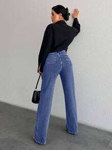 EURMUSE Women's High Waist Pockets Distressed Straight Loose Casual Versatile Jeans - Dusty Blue - View 2