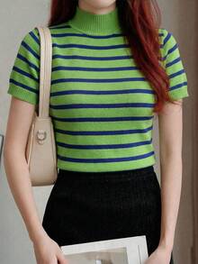 SHEIN LUNE 女士高领修身短袖针织上衣 - 綠色 - 查看 5