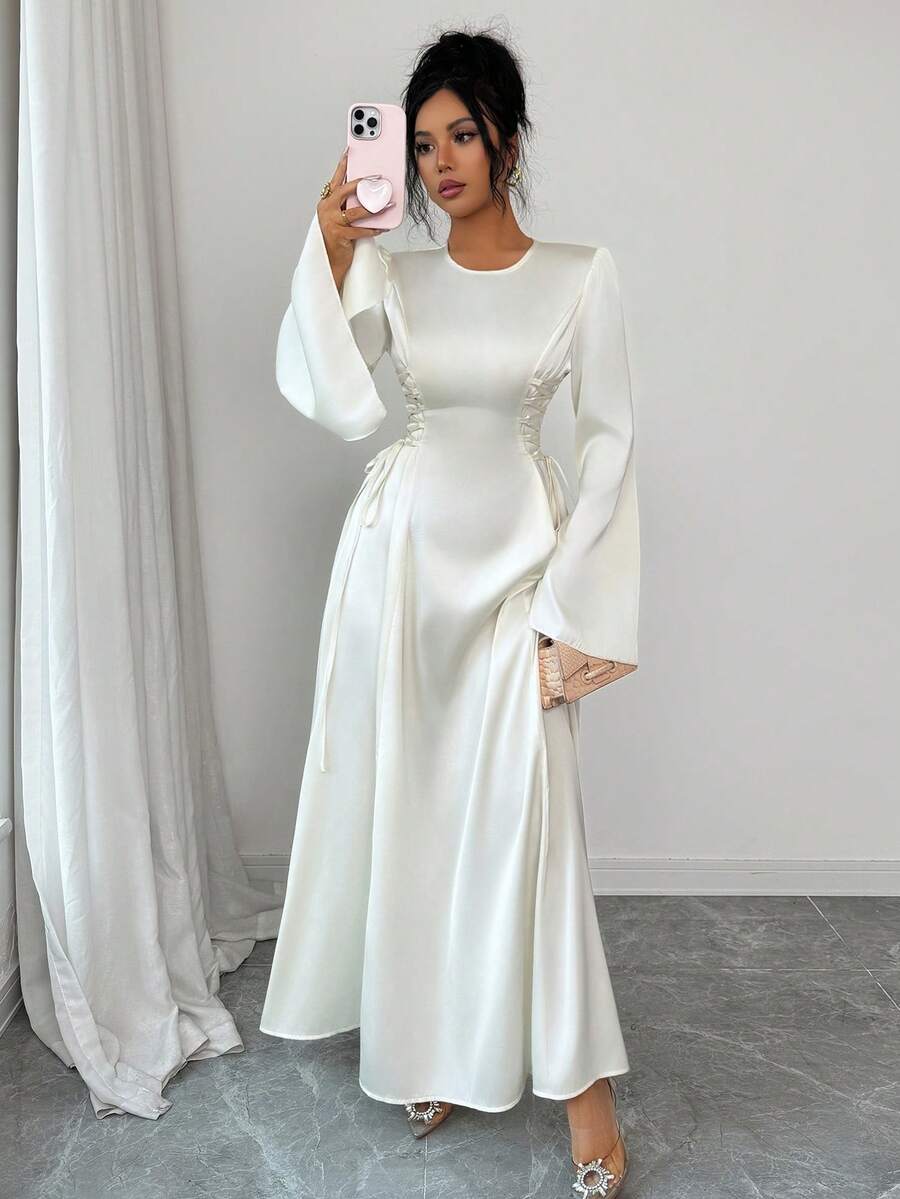 Rafferiza 女士优雅杏色A字腰部喇叭袖开衩连衣裙，缎面面料，秋冬款 - 米色 - 查看 1