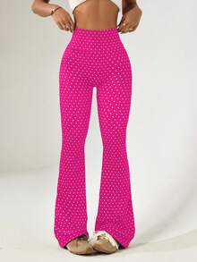 Core Rhythm 女士常规腰围黑色波点印花喇叭裤，适合日常休闲穿着、跑步、瑜伽、健身、网球、高尔夫等运动，秋冬季款 - 玫紅色 - 查看 2